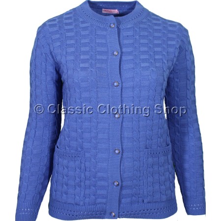 Mid Blue Round Neck Cable Cardigan