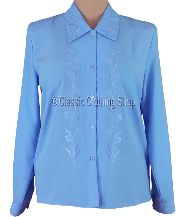 Blue Embroidered Long Sleeve Blouse