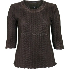 Brown Three Quarter Sleeve Plisse Top