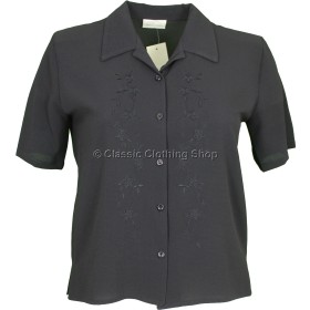 Black Embroidered Waffle Short Sleeve Blouse
