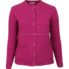 Raspberry Round Neck Lattice Cable Cardigan