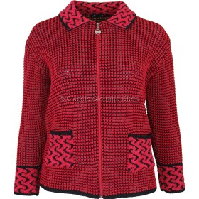 Red Round Neck Zipper Boucle Cardigan