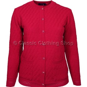 Red Round Neck Lattice Cable Cardigan